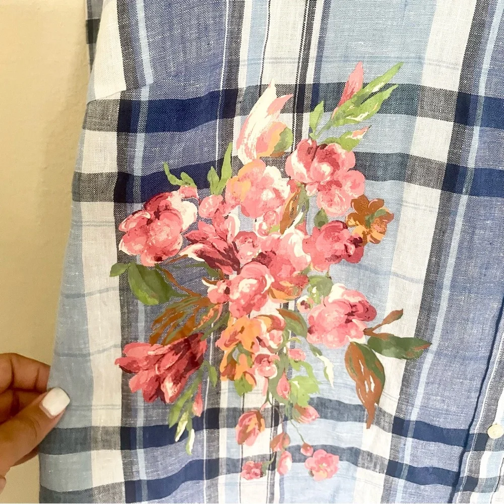 Ralph Lauren Floral and Blue Plaid Linen Women's Top - Picture 4 of 8